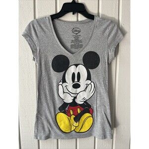 Women’s Small Gray MICKEY MOUSE  V Neck Tshirt front/back